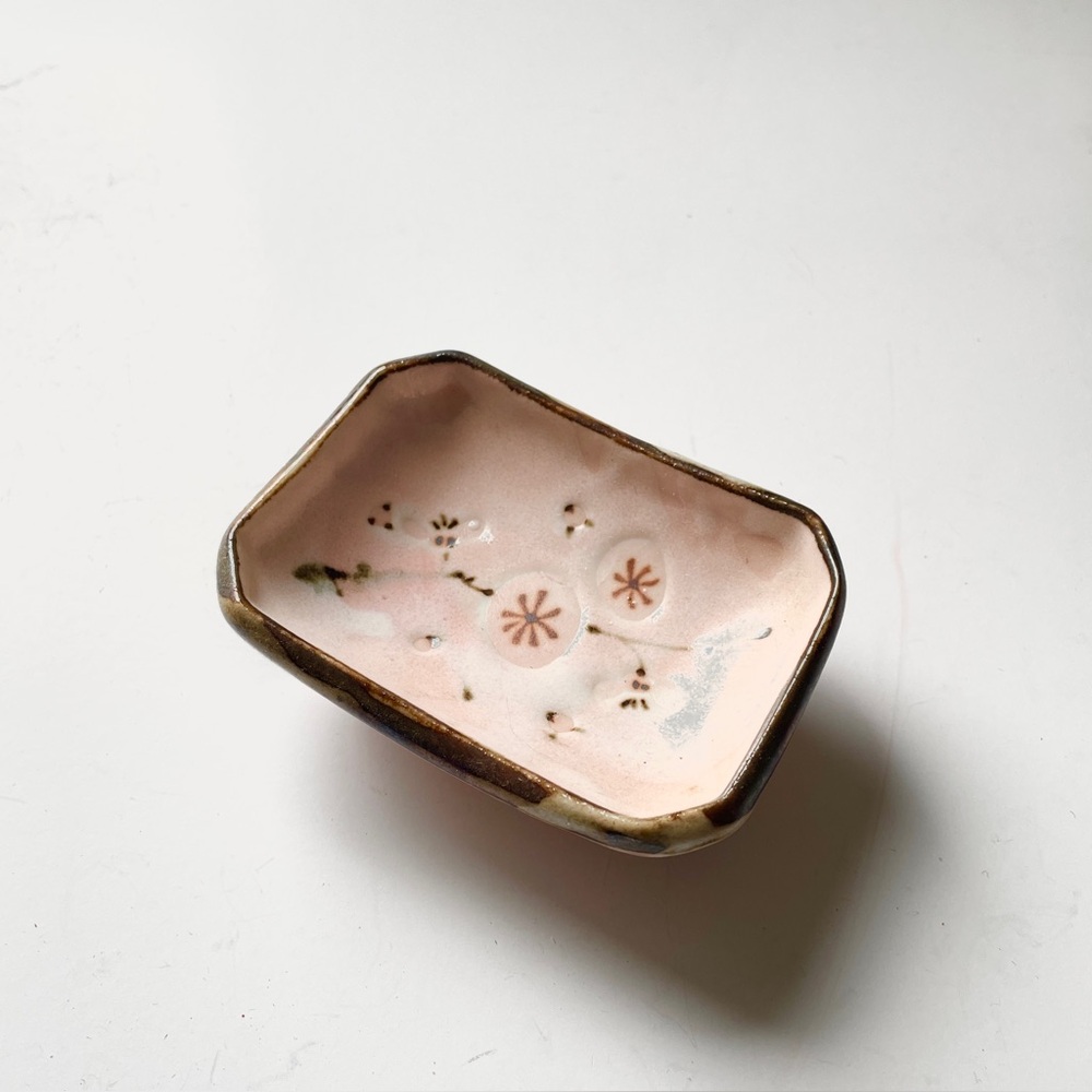 Vintage Cherry Blossom Oribe Style Porcelain Pink Floral Ceramic Trinket Dish